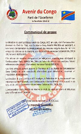 ACO-AVENIR DU CONGO, Parti Politique de l’Excellence, informe que son Président National, SEM l’Ambassadeur Dany BANZA MALOBA, n’est lié de près ni de loin à l’arrestation de Salomon IDI KALONDA!